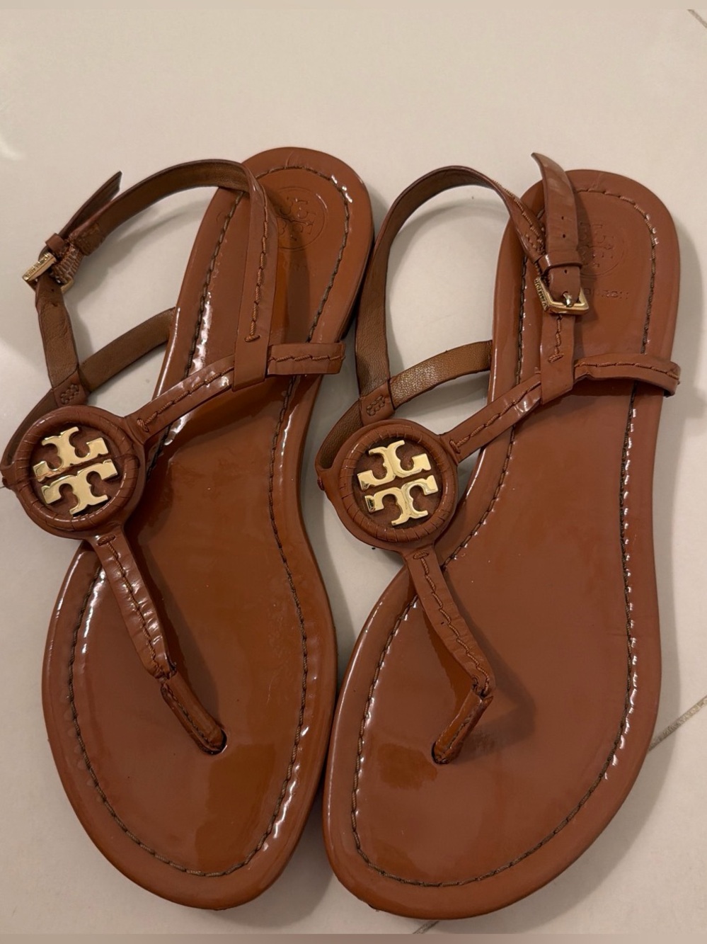 Tory Burch Tan Logo Leather Thong Sandals